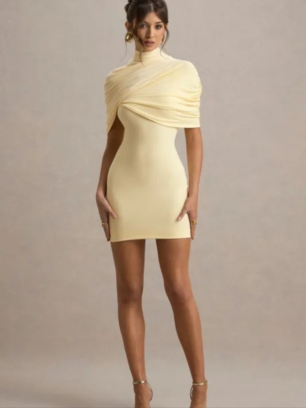 Club London Perdi Lemon Twisted Cape Bodycon Mini Dress NWOT Size US 8